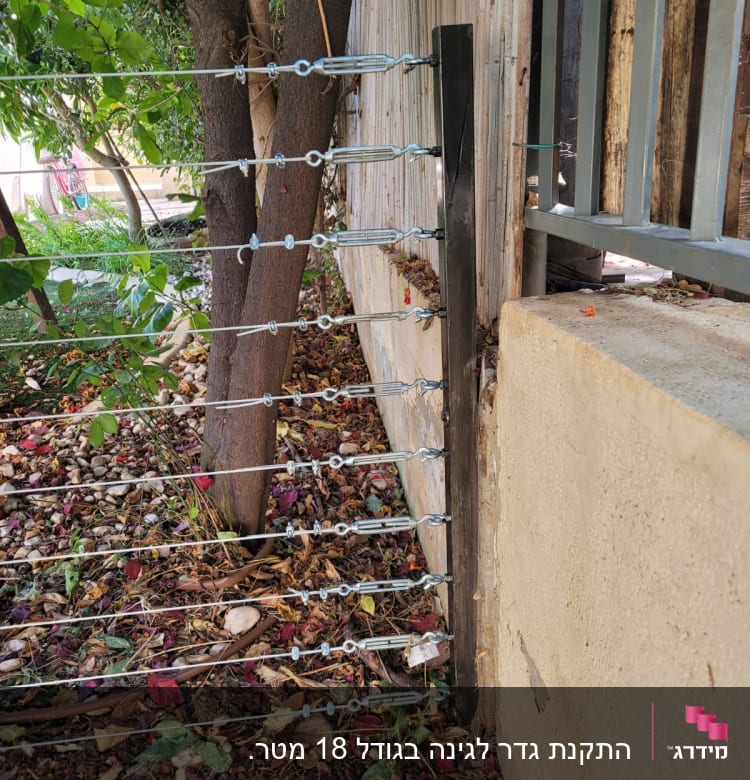 חוטי מתכת מתוחים בין עמודים בגינה